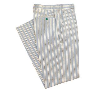 Mens 32 Light Blue Cream Stripe Cotton Pants Straight Fit Flat Front Trousers